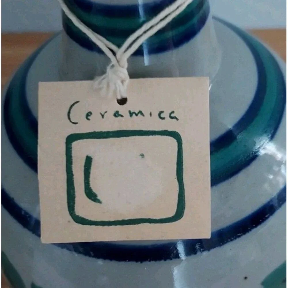 Vintage Peruvian Pottery Vase Ceramic Stoneware Green & Blue - Leaves 6.75